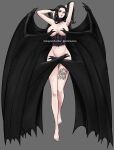  1girl achmunzav arms_up artist_logo barefoot bat_wings berserk black_hair black_wings breasts cosplay covered_nipples covered_pussy demon_girl english_text full_body grey_eyes hands_in_hair highres large_breasts leg_tattoo long_hair looking_at_viewer navel nico_robin one_piece parted_lips slan_(berserk) slan_(berserk)_(cosplay) tattoo web_address wings 