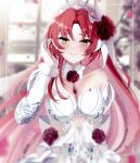  1girl absurdres bare_shoulders blurry blurry_background breasts bridal_veil closed_mouth dress elbow_gloves flower gloves hair_flower hair_ornament highres honkai_(series) honkai_impact_3rd indoors large_breasts long_hair marutaro murata_himeko murata_himeko_(blood_rose) petals red_flower red_hair red_rose rose smile solo upper_body veil wedding_dress white_dress white_gloves yellow_eyes 