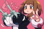  1girl :o absurdres blush blush_stickers bodysuit boku_no_hero_academia breasts brown_hair commentary_request grabbing grabbing_another&#039;s_breast highres huge_breasts mechanical_arms motion_lines orange_eyes pink_background short_hair simple_background solo upper_body uraraka_ochako zankuro 