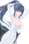  1girl adjusting_hair armpits arms_up black_hair blue_archive blue_hair blue_halo breasts bridal_gauntlets choker cleavage colored_inner_hair dress dutch_angle elbow_gloves estelle8js gloves halo highres looking_at_viewer mouth_hold multicolored_hair official_alternate_costume saori_(blue_archive) saori_(dress)_(blue_archive) strapless strapless_dress white_background white_bridal_gauntlets white_choker white_dress white_gloves 