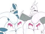  2018 anthro big_butt butt charizard collar digital_media_(artwork) duo eyelashes female legendary_pok&eacute;mon looking_at_viewer looking_back lugia monochrome nintendo pok&eacute;mon pok&eacute;mon_(species) pok&eacute;morph rear_view thick_thighs video_games voluptuous wide_hips wings yuki_(evov1) zwitterkitsune 