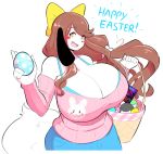  2018 anthro bare_shoulder basket big_breasts bow breasts brown_hair canine cleavage clothed clothing dog easter egg english_text female hair hi_res holidays holly_applebee huge_breasts long_hair looking_at_viewer mammal open_mouth simple_background solo text theycallhimcake white_background yellow_eyes 