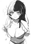  1girl bare_shoulders bikini_print bikini_top_pull black_eyeliner black_hair blunt_bangs blush collarbone eyelashes eyeliner greyscale hololive hololive_english makeup monochrome multicolored_hair risha shiori_novella shy solo split-color_hair streaked_hair sweatdrop two-tone_hair virtual_youtuber white_hair 