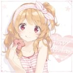  :q aikatsu! aikatsu!_(series) blush camisole closed_mouth collarbone commentary_request doughnut food hairband happy_birthday head_tilt heart holding light_brown_hair long_hair looking_at_viewer one_side_up oozora_akari peko pink_hairband red_eyes smile solo star striped striped_camisole tongue tongue_out 