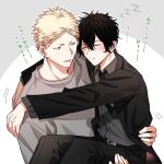  2boys absurdres belt black_coat black_hair black_pants blonde_hair blush carrying carrying_person closed_eyes closed_mouth coat collared_shirt couple ear_piercing given green_eyes grey_sweater hair_between_eyes highres hug kaji_akihiko male_focus mouth_piercing multiple_boys murata_ugetsu open_clothes open_coat pants parted_lips piercing pinoli_(pinoli66) shirt sweater translation_request yaoi zzz 