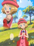  1girl :d aki_(yunkana) blonde_hair blue_eyes blue_ribbon card cloud commentary_request day dress eyelashes grass hands_up hat head_tilt highres holding holding_card multiple_views neck_ribbon open_mouth outdoors pink_dress pointing pokemon pokemon_(anime) pokemon_xy_(anime) raised_eyebrows ribbon serena_(pokemon) short_hair sky sleeveless smile tongue translation_request tree yu-gi-oh! 