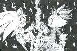  1boy 1girl animal_ears blaze_the_cat cat_ears cat_girl cat_tail embers forehead_jewel from_side fur-trimmed_gloves fur_trim gloves jacket jewelry monochrome necklace nowykowski pants ponytail sonic_(series) sonic_rush sonic_the_hedgehog tail 