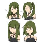  1girl alternate_hairstyle arm_strap blunt_bangs choker commentary cosplay cropped_shoulders english_text fern_(sousou_no_frieren) fern_(sousou_no_frieren)_(cosplay) frieren frieren_(cosplay) green_hair hair_between_eyes hair_down hair_ornament hair_over_shoulder hairclip highres hirasawa_yui hirasawa_yui_(cosplay) k-on! long_hair looking_at_viewer multiple_views o-ring o-ring_choker parted_bangs purple_eyes short_hair simple_background sousou_no_frieren symbol-only_commentary the_freakin_yui twintails ubel_(sousou_no_frieren) white_background 