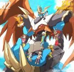  3girls 6+boys animal_hands anniversary armadillo armadimon armor beak bird black_armor black_hair blonde_hair blue_shirt blue_skin blue_sky brown_hair camera cat claws colored_skin copyright_name crossed_legs dated digimon digimon_adventure_02 digivice dragon elbow_gloves feather_hair fingerless_gloves flame_print gdn0522 giant glasses gloves goggles goggles_on_head green_skin hair_ornament hairclip hawkmon head_wings hida_iori holding holding_camera ichijouji_ken imperialdramon imperialdramon_fighter_mode inoue_miyako jacket looking_at_viewer motomiya_daisuke multiple_boys multiple_girls on_head orange_helmet patamon paw_gloves print_jacket red_eyes red_wings shirt short_hair shorts sky sleeveless sleeveless_shirt spiked_hair tailmon takaishi_takeru talons twitter_username white_hat wings yagami_hikari yellow_shorts yellow_skin 