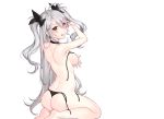  :q antenna_hair arm_up armpits ass azur_lane back bare_arms bare_legs bare_shoulders barefoot bikini black_bikini black_choker black_ribbon blush breasts choker closed_mouth covering covering_breasts cross cross_earrings earrings hair_ribbon highres ia_(ias1010) japanese_clothes jewelry long_hair looking_at_viewer medium_breasts multicolored_hair prinz_eugen_(azur_lane) red_hair ribbon shoulder_blades side-tie_bikini sideboob silver_hair simple_background sitting smile solo streaked_hair swimsuit thong_bikini tongue tongue_out two_side_up untied untied_bikini very_long_hair wedgie white_background yellow_eyes 