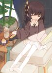  1girl armchair black_hair black_necktie brown_sweater chair closed_eyes closed_mouth collared_shirt commentary_request cup facing_viewer food footrest hair_between_eyes long_sleeves mug necktie on_chair one_side_up original plant potted_plant puffy_long_sleeves puffy_sleeves shiho_(yuuhagi_(amaretto-no-natsu)) shirt sitting skirt sleeves_past_wrists solo steam sweater white_shirt white_skirt yuuhagi_(amaretto-no-natsu) 