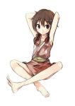  armpits bare_legs barefoot brown_eyes brown_hair commentary_request eyebrows_visible_through_hair hands_up looking_at_viewer low_twintails nanabuluku original robe sarashi sash simple_background sitting sketch solo twintails white_background 