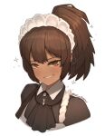  1girl ascot black_ascot brown_eyes brown_hair ceo_of_disgrace collared_shirt grin high_ponytail highres limbus_company looking_at_viewer maid maid_headdress medium_hair nelly_(project_moon) parted_lips project_moon shirt simple_background smile solo white_background 