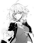  1boy 1girl ahoge blush breasts choker earrings fate/grand_order fate_(series) highres holding_hands jeanne_d&#039;arc_alter_(avenger)_(fate) jeanne_d&#039;arc_alter_(fate) jewelry large_breasts mo_(aabx315) monochrome necktie school_uniform short_hair stud_earrings sweater 