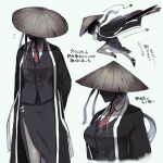  1girl bamboo-hatted_kim black_coat black_jacket breasts coat collared_shirt edajima hat highres jacket large_breasts limbus_company long_hair low_ponytail multiple_views necktie project_moon red_necktie rice_hat shirt simple_background undone_chin_strap very_long_hair white_background white_shirt 
