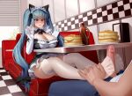  1boy 1girl absurdres animal_ears aqua_hair black_dress blush breasts cat_ears cleavage commentary commission couch dress elbow_gloves english_commentary feet food foot_focus footjob footjob_under_table frilled_dress frills gloves goddess_of_victory:_nikke hands_on_feet hands_up hetero highres indoors kairunoburogu large_breasts leg_up legs long_hair low_neckline maid maid_headdress maple_syrup open_mouth pancake paw_hair_ornament penis privaty_(nikke) privaty_(unkind_maid)_(nikke) restaurant sitting soles solo_focus stealth_footjob table thighhighs thighs toenails toes two-footed_footjob uncensored under_table white_gloves white_thighhighs window window_blinds yellow_eyes 