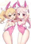  2girls ahoge animal_ears arm_up bare_shoulders blonde_hair blue_archive blush breasts brown_eyes commentary_request covered_navel fake_animal_ears hair_between_eyes hair_intakes hairband halo hand_on_another&#039;s_shoulder highres kokone_(coconeeeco) leotard multiple_girls natsu_(blue_archive) open_mouth parted_lips pink_hair pink_hairband pink_leotard playboy_bunny rabbit_ears rabbit_tail red_eyes side_ponytail simple_background small_breasts strapless strapless_leotard tail twintails v-shaped_eyebrows white_background wrist_cuffs yoshimi_(blue_archive) 