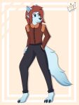 3_toes anthro black_eyes blue_body bottomwear canid canine canis clothing feet hair hi_res male mammal nails pants red_hair shirt simple_background smile solo tail toes topwear vivzlover wolf