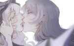  2girls acheron_(honkai:_star_rail) black_swan_(honkai:_star_rail) blurry blurry_foreground closed_eyes commentary english_commentary french_kiss highres honkai:_star_rail honkai_(series) kiss long_hair looking_at_another multiple_girls parted_lips pitrepan portrait purple_hair simple_background tongue tongue_out white_background white_hair yuri 