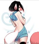  angelica_(k3lly) backless_outfit black_hair black_legwear blue_sweater breasts cold from_behind furrowed_eyebrows looking_at_viewer looking_back medium_breasts meme_attire original profile red_eyes ribbed_sweater sweater tail thighhighs trembling virgin_killer_sweater zettai_ryouiki 