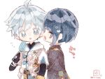  2boys :d :o ahoge artist_name bandaged_arm bandages belt black_belt black_gloves blue_coat blue_eyes blue_hair blush blush_stickers bracelet chibi chongyun_(genshin_impact) closed_eyes coat colored_eyelashes commentary_request diagonal_bangs elbow_gloves fingerless_gloves food frilled_sleeves frills genshin_impact gloves hair_between_eyes happy heart holding holding_food holding_popsicle hood hood_down hoodie hug jewelry long_sleeves male_focus multiple_boys nekorune_(bukubuku_awai) notice_lines open_mouth popsicle short_hair short_sleeves sidelocks signature simple_background smile vision_(genshin_impact) white_background white_hoodie wide_sleeves xingqiu_(genshin_impact) 