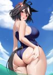  1girl absurdres ahoge alternate_costume animal_ears artist_name ass ass_support bare_shoulders black_hair blue_one-piece_swimsuit blue_sky breasts cloud cloudy_sky commentary_request dated dush_1154 hair_between_eyes hands_on_own_ass highres horse_ears horse_girl horse_tail kitasan_black_(umamusume) large_breasts looking_at_viewer looking_back multicolored_hair ocean one-piece_swimsuit outdoors partially_submerged short_hair sky solo streaked_hair swimsuit tail two_side_up umamusume water white_hair 