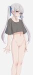  1girl black_eyes blue_ribbon blunt_bangs blush bottomless cameltoe censored cleft_of_venus closed_mouth collarbone eyelashes flat_chest grey_hair hair_ribbon highres hip_bones long_hair looking_at_viewer loose_clothes loose_shirt mosaic_censoring mustee nipples original ribbon see-through see-through_shirt shirt short_sleeves sidelocks simple_background skinny solo standing twintails very_long_hair white_background 