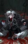  1girl absurdres animal_ears arknights bags_under_eyes black_gloves blood blood_on_clothes blood_on_face blood_on_hands blood_on_tail blood_splatter gloves grey-framed_eyewear grin highres kasumi_yuzuha lappland_(arknights) long_hair looking_at_viewer scar scar_across_eye shirt single_glove sitting smile solo spread_legs tail wolf_ears wolf_tail 