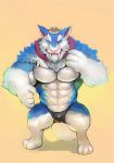  anthro biceps blue_fur bulge clothing fur gnar_(lol) iceman1984 league_of_legends male mega_gnar_(lol) muscular muscular_male riot_games simple_background smile solo teeth underwear video_games white_fur yordle 