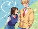  1boy 1girl aandra_art arm_behind_back bad_source blonde_hair blue_background blue_skirt blue_sweater_vest bob_cut brown_eyes brown_hair cardigan collared_shirt commentary_request eye_contact flower green_background hair_ornament hairclip heart heart_of_string height_difference holding holding_flower iwakura_mitsumi leaning_forward looking_at_another necktie open_mouth pleated_skirt red_necktie school_uniform shima_sousuke shirt signature skip_to_loafer skirt smile spanish_commentary starry_background sunflower sweater_vest triangle_background two-tone_background upper_body white_shirt yellow_cardigan 