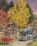  1other absurdres bus bush highres maple_tree motor_vehicle original road_sign sign stairs tanamachi_yoshihiro torii tree 