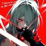  1girl acheron_(honkai:_star_rail) artist_name black_gloves blood blood_from_eyes body_markings commission flower gloves hair_over_one_eye hand_up honkai:_star_rail honkai_(series) li_nauu looking_at_viewer red_background red_eyes red_flower solo twitter_username white_hair 