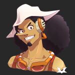  1boy absurdres afro black_background cropped_torso english_commentary eyelashes facial_hair goatee goggles goggles_around_neck hat headphones highres long_nose looking_at_viewer male_focus micro_(antisocialmicro) one_piece ponytail simple_background smile solo suspenders usopp white_hat 