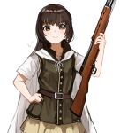  1girl :&gt; absurdres belt blush brown_belt brown_eyes brown_hair brown_skirt cape girls&#039;_frontline green_vest gun hand_on_own_hip highres holding holding_gun holding_weapon looking_at_viewer rampart1028 shirt simple_background skirt solo straight-on type_63_(girls&#039;_frontline) type_63_assault_rifle upper_body vest weapon white_background white_cape white_shirt 