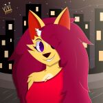 alexa_(vivzlover) anthro canid canine canis city clothed clothing female fur hair hi_res mammal one_eye_obstructed purple_eyes red_hair smile solo vivzlover wolf yellow_body