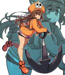  anchor bike_shorts cabbie_hat fingerless_gloves gloves guilty_gear guilty_gear_strive hat hat_ornament highres holding holding_anchor hood hoodie may_(guilty_gear) missandydandy orange_footwear orange_hat orange_hoodie skull_and_crossbones skull_hat_ornament 