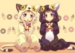  54hao :o animal_costume animal_ears arm_support bell between_legs black_hair blush bow brown_eyes cat_costume cat_ears cat_tail commentary_request doughnut food hair_ornament hand_between_legs hands_up head_tilt highres ice_cream long_hair long_sleeves looking_at_viewer multiple_girls open_mouth original parted_lips red_bow siblings sisters sitting sleeves_past_wrists soft_serve striped striped_bow tail twins upper_teeth wariza white_hair x_hair_ornament 