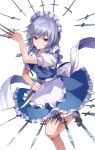  1girl absurdres apron between_fingers braid closed_mouth commentary grey_hair highres holding holding_knife izayoi_sakuya knife knives_between_fingers koizumo leg_up looking_at_viewer maid maid_headdress red_eyes short_sleeves smile solo thigh_strap touhou twin_braids waist_apron white_apron 