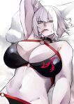  1girl absurdres ahoge bikini black_bikini black_choker breasts choker cleavage collarbone fate/grand_order fate_(series) food food_in_mouth gumi_(the_eye_of_darkness) hair_between_eyes highres jeanne_d&#039;arc_alter_(fate) jeanne_d&#039;arc_alter_(swimsuit_berserker)_(fate) large_breasts looking_at_viewer lying navel o-ring o-ring_bikini o-ring_bottom o-ring_top on_back pillow popsicle popsicle_in_mouth popsicle_stick short_hair sweat swimsuit toned upper_body white_hair yellow_eyes 