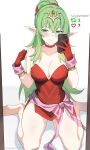  1girl absurdres bare_shoulders barefoot blush bow breasts cellphone choker cleavage closed_mouth collarbone commentary crossed_bangs dress entogman fire_emblem fire_emblem_awakening gloves green_eyes green_hair hair_between_eyes high_ponytail highres holding holding_phone large_breasts meme phone pink_bow pink_sash pointy_ears red_choker red_dress red_gloves sash short_dress simple_background sitting smile solo strapless strapless_dress tiki_(adult)_(fire_emblem) tiki_(fire_emblem) twitter_strip_game_(meme) wariza white_background 