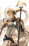  1girl absurdres animal_ears arknights armor blonde_hair floating_clothes floating_hair headset highres holding holding_polearm holding_weapon horse_ears kasumi_yuzuha nearl_(arknights) nearl_the_radiant_knight_(arknights) parted_lips pauldrons polearm ponytail shoulder_armor sideless_outfit sidelocks smile solo vambraces weapon white_background yellow_eyes 