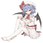  1girl bat_wings blue_hair fang fang_out frilled_shirt_collar frills full_body hat highres knee_up looking_at_viewer mob_cap nail_polish neck_ribbon pointy_ears red_eyes remilia_scarlet ribbon shirt shone short_hair short_sleeves sitting skirt solo stirrup_legwear thighhighs toeless_legwear toenail_polish toenails touhou wings wrist_cuffs 