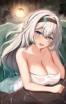  1girl :d absurdres bare_arms bare_shoulders black_hairband breasts cleavage commentary_request firefly_(honkai:_star_rail) grey_hair hairband head_tilt highres honkai:_star_rail honkai_(series) large_breasts long_hair looking_at_viewer naked_towel onsen open_mouth purple_eyes shouhaku0512 smile solo towel very_long_hair water 