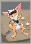 absurd_res anthro big_ears bottle canid canine chip_(mlbb) claws clothed clothing container diaper digitigrade extry eyewear feces fennec_fox fingerless_gloves fox gloves goggles handwear hi_res lying male mammal messy_diaper on_back paws snacks soiling solo true_fox water_bottle wearing_diaper