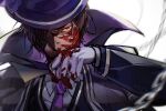  1boy aqiqiqiqi blood blood_on_clothes blood_on_face blue_vest bow brown_hair cape chain collared_shirt gloves hand_up hat hat_bow heathcliff_(project_moon) highres limbus_company looking_at_viewer male_focus necktie project_moon purple_cape purple_hat purple_necktie red_eyes shirt simple_background solo upper_body vest white_background white_gloves white_shirt 