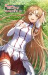  1girl absurdres armor armpits asuna_(sao) bare_shoulders brown_eyes brown_hair dress grass highres long_hair looking_at_viewer on_grass open_mouth outdoors red_skirt skirt smile sword_art_online thighhighs thighs white_armor white_dress white_thighhighs yoru_kiri 