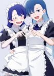  2girls ado_(utaite) ahoge alternate_costume apron atashi_wa_mondaisaku black_dress blue_eyes blue_hair cloud_nine_inc commentary_request corrupted_twitter_file cowboy_shot dress enmaided grey_background heart heart_hands heart_hands_duo highres long_hair maid maid_apron maid_headdress merry_(ado) multiple_girls nori_(norinori_yrl) one_eye_closed open_mouth pale_skin puffy_short_sleeves puffy_sleeves readymade_(ado) short_sleeves simple_background sweatdrop tanaka_keiko_(ado) teeth upper_teeth_only white_apron 