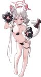  1girl animal_ear_fluff animal_ears animal_hands bare_arms bare_legs bare_shoulders barefoot bikini black_bikini black_gloves blue_archive blush breasts cat_ears cat_tail closed_mouth collarbone full_body gloves grey_hair groin halo highres long_hair looking_at_viewer mutsuki_(blue_archive) namaonpa navel paw_gloves purple_eyes red_halo simple_background small_breasts smile solo swimsuit tail white_background 