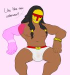  balls barazoku big_balls big_bulge black_hair bracelet bulge clothing dialogue hair heterochromia himerosthegod humanoid jewelry karno_(himeros) magic mask muscular not_furry simple_background underwear 