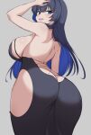  arm_up armpits ass ass_focus black_dress blue_eyes blue_hair breasts dress from_above highres holocouncil hololive hololive_english huge_ass large_breasts long_hair looking_at_viewer open_mouth ouro_kronii sideboob smile zeropen 